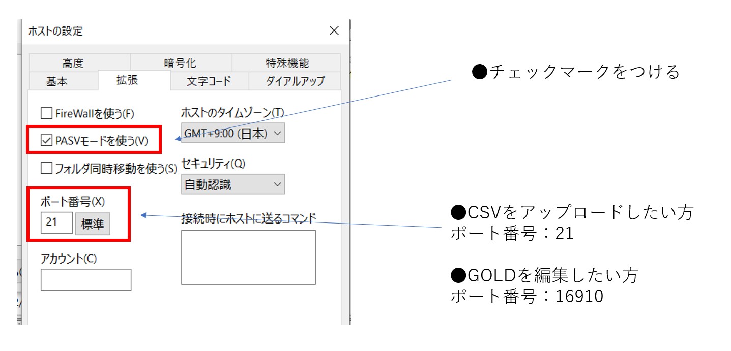 楽天のCSV、GOLDをアップロードするためのポート番号を設定